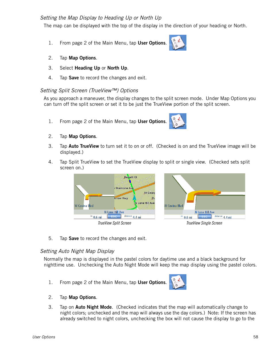 Setting the map display to heading up or north up, Setting split screen (trueview™) options, Setting auto night map display | Magellan Maestro 4040 User Manual | Page 68 / 75