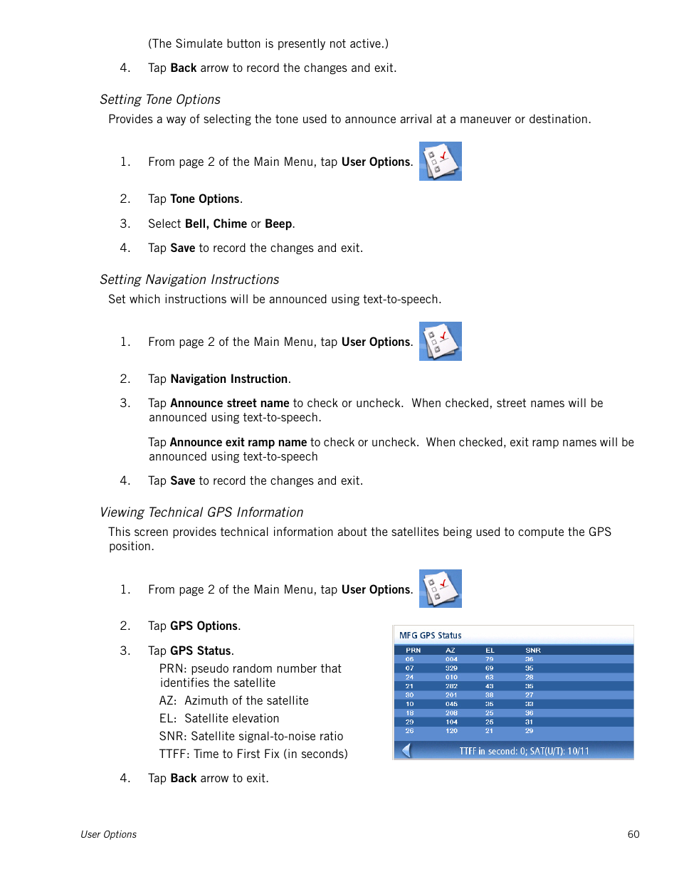 Setting tone options, Setting navigation instructions, Viewing technical gps information | Magellan Maestro 4040 User Manual | Page 70 / 75