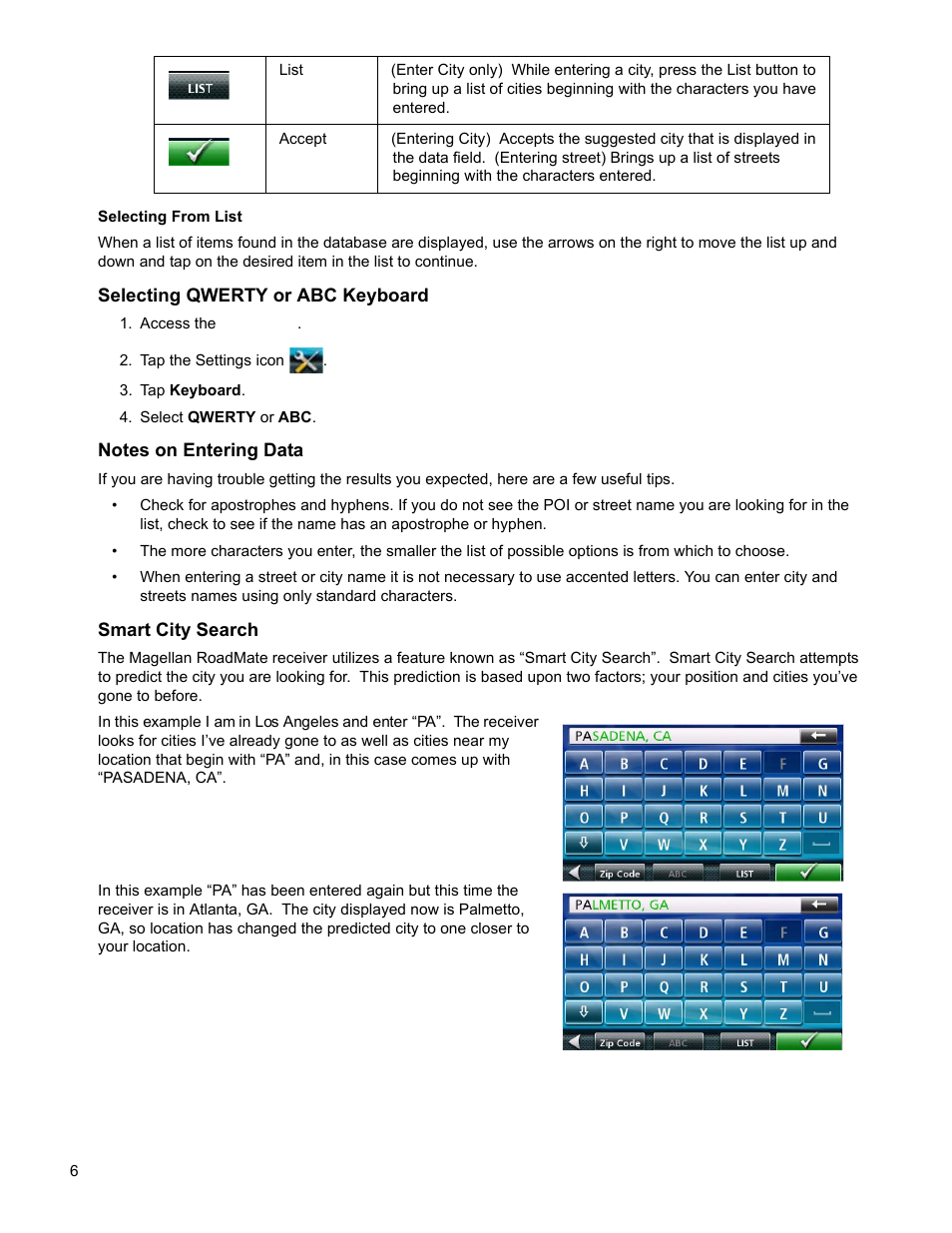 Access the main menu, Tap the settings icon, Tap keyboard | Select qwerty or abc, Selecting qwerty or abc keyboard, Notes on entering data smart city search | Magellan ROADMATE 5045 User Manual | Page 15 / 42