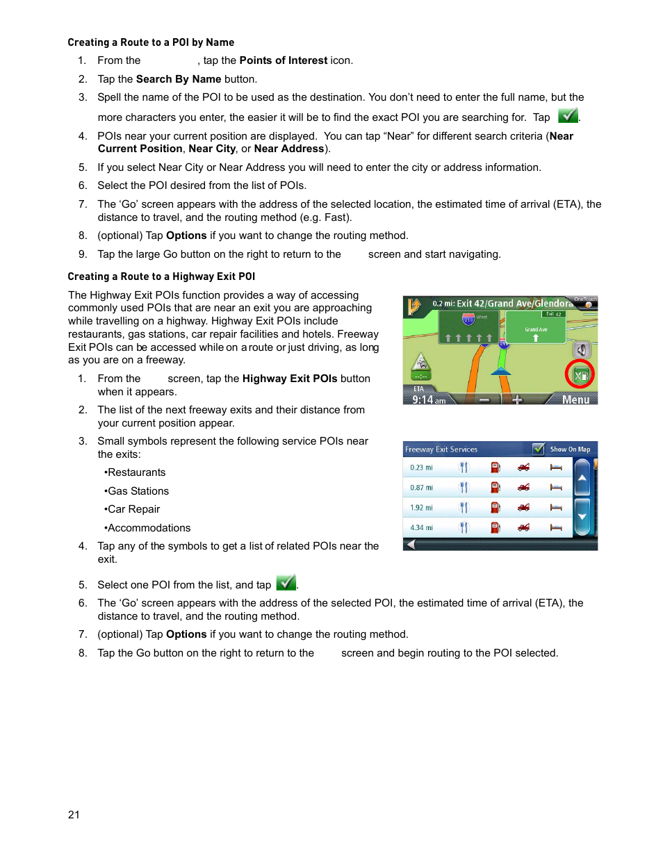 Tap the search by name button, Select the poi desired from the list of pois, Select one poi from the list, and tap | Creating a route to a poi by name, Creating a route to a highway exit poi | Magellan ROADMATE 5045 User Manual | Page 30 / 42