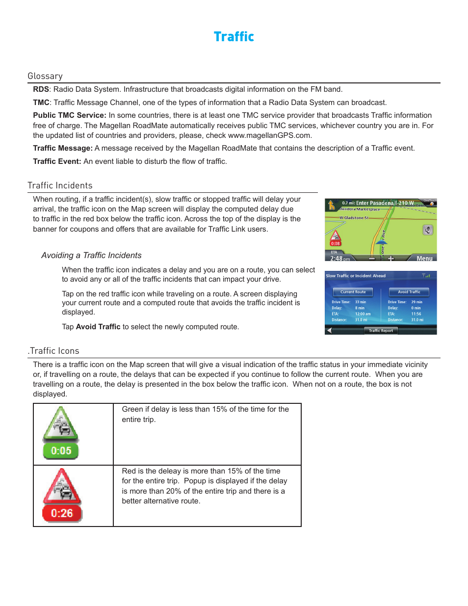 Traffic, Tap avoid, Tap on the coupon banner | Information about the coupon is displayed, Glossary traffic incidents, Avoiding a traffic incidents, Coupons and offers, Coupons from poi searches 27, Viewing a coupon offer | Magellan ROADMATE 5045 User Manual | Page 36 / 42