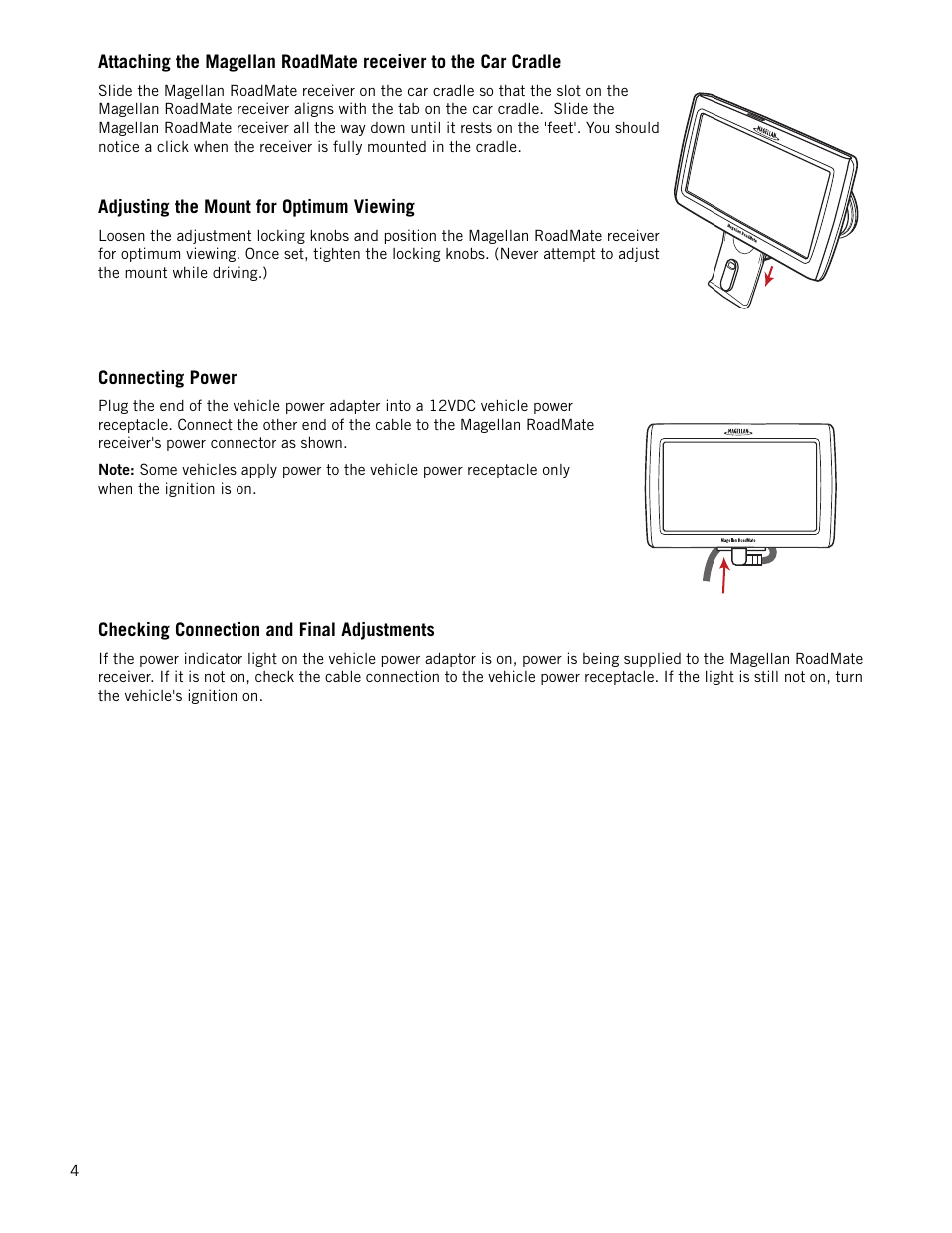 Adjusting the mount for optimum viewing, Connecting power, Checking connection and final adjustments | Magellan RoadMate 1470 User Manual | Page 12 / 44