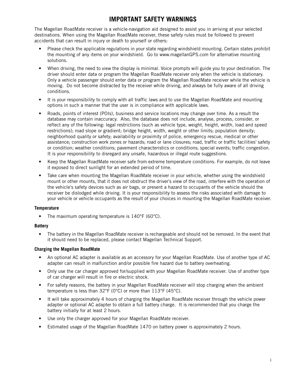 Important safety warnings | Magellan RoadMate 1470 User Manual | Page 2 / 44