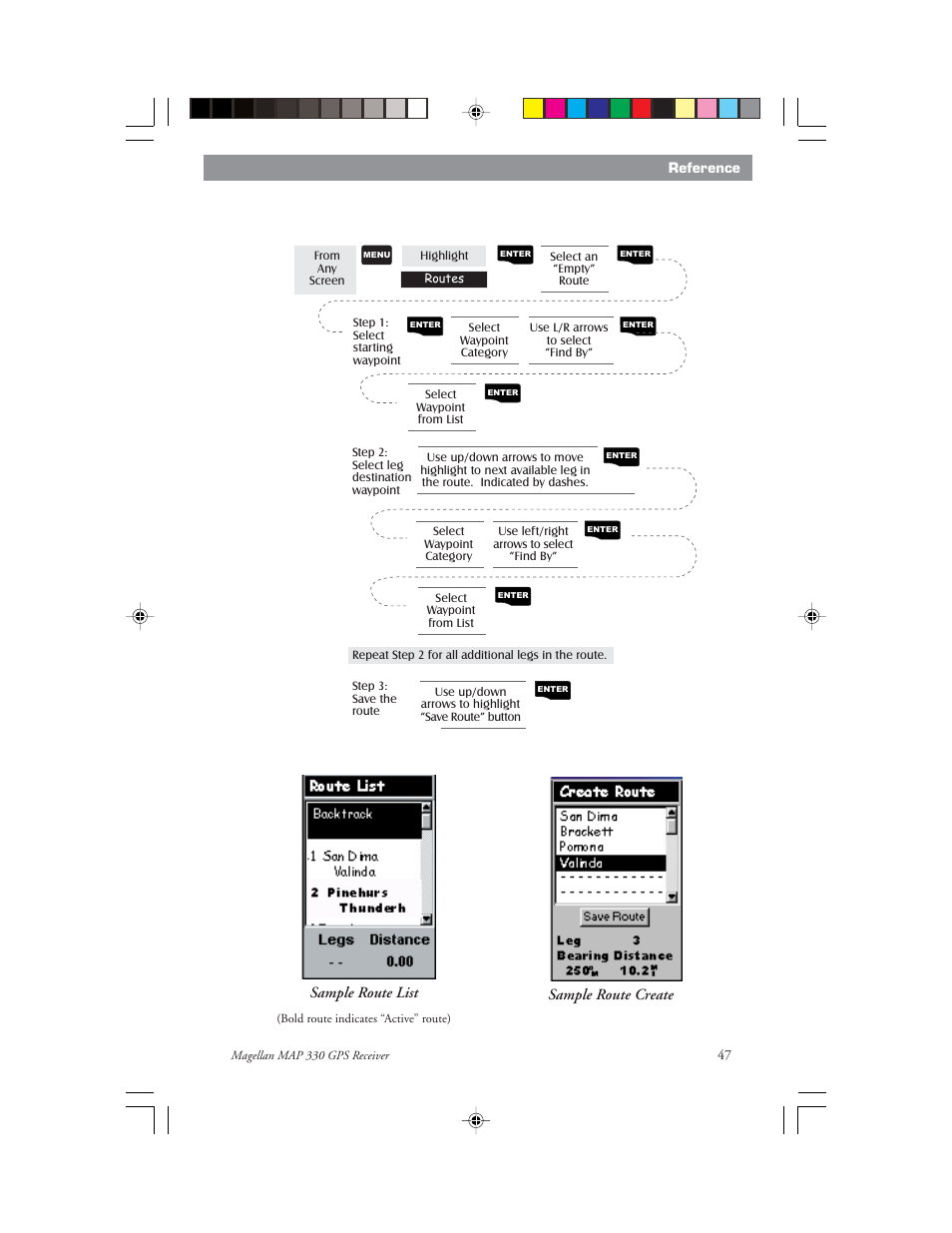 Sample route list, Sample route create | Magellan 330 Series User Manual | Page 59 / 94