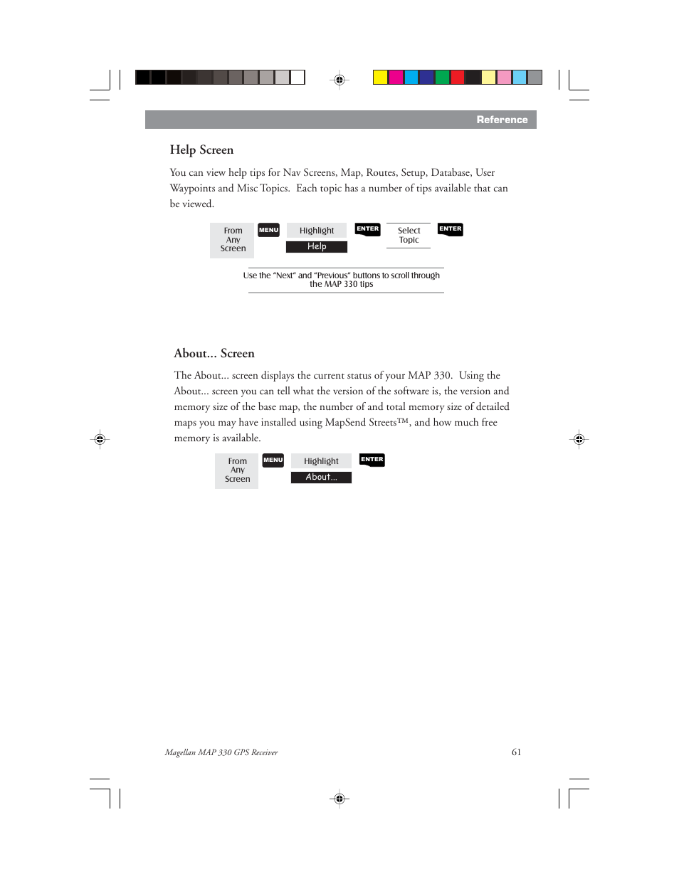 About... screen, Help screen | Magellan 330 Series User Manual | Page 73 / 94