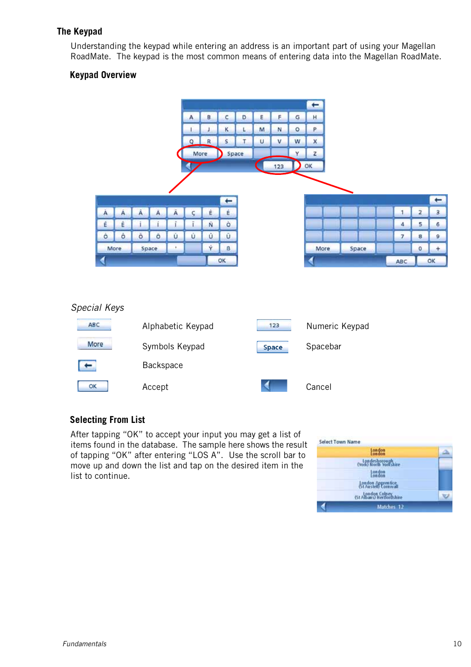 The keypad, Special keys, Keypad overview | Selecting from list, Notes | Magellan RoadMate 1415 User Manual | Page 19 / 60