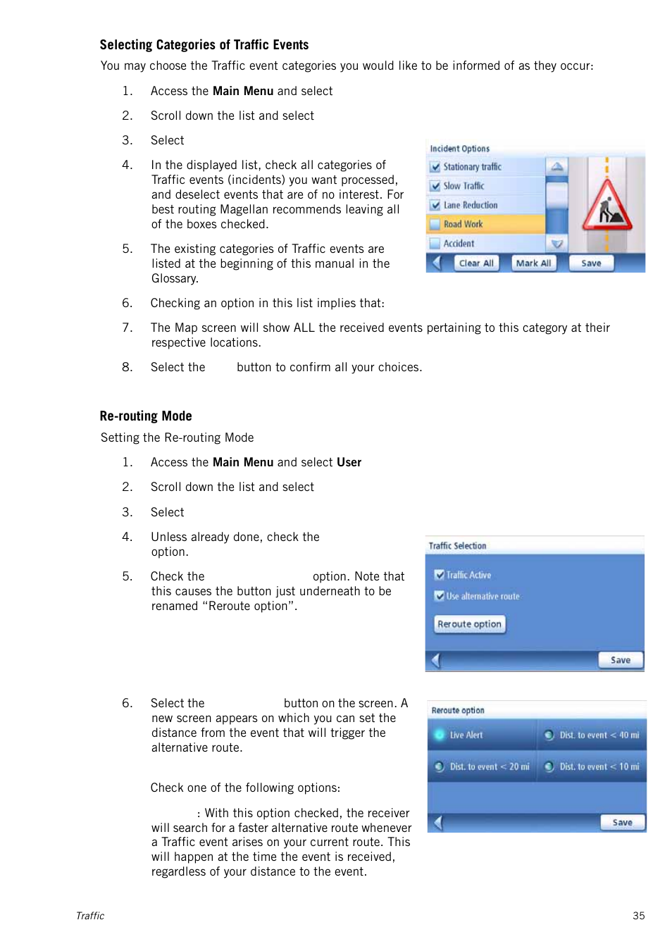 Selecting categories of traffic events, Re-routing mode | Magellan RoadMate 1415 User Manual | Page 44 / 60