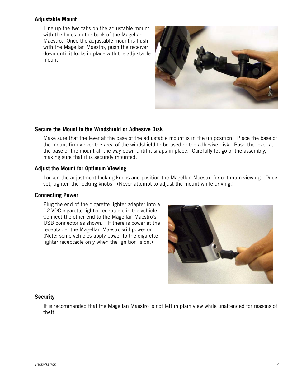 Adjustable mount, Adjust the mount for optimum viewing, Connecting power | Security, Region | Magellan MAESTRO 3210 User Manual | Page 13 / 68