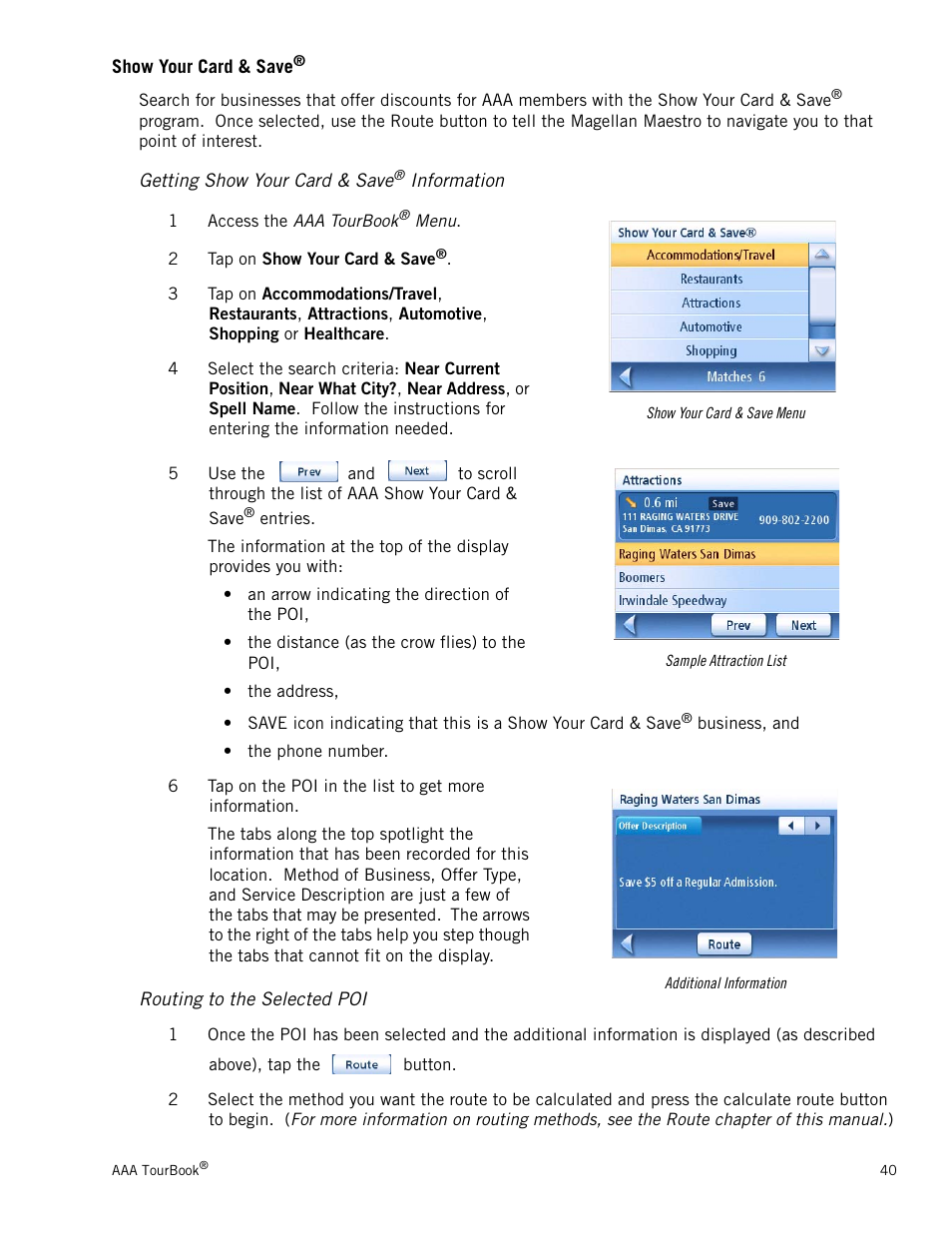 Show your card & save, Getting show your card & save® information, Routing to the selected poi | Getting show your card & save | Magellan MAESTRO 3210 User Manual | Page 49 / 68