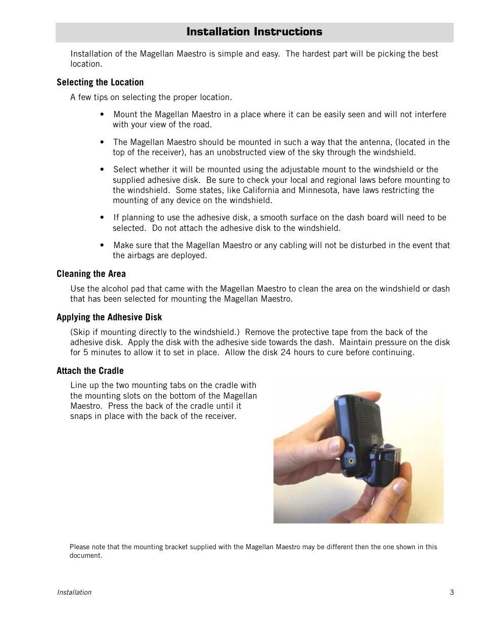 Installation instructions, Selecting the location, Cleaning the area | Applying the adhesive disk, Attach the cradle | Magellan Maestro 4000 User Manual | Page 13 / 71