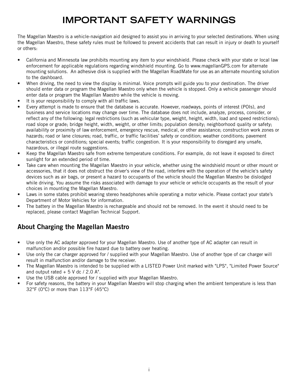 Important safety warnings, About charging the magellan maestro | Magellan Maestro 4000 User Manual | Page 2 / 71