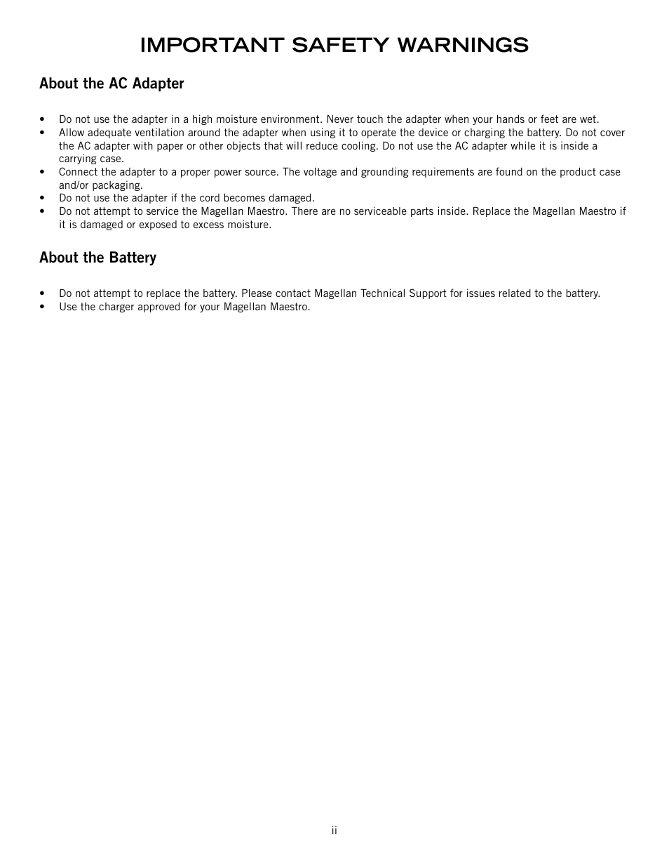 Important safety warnings, About the ac adapter, About the battery | Magellan Maestro 4000 User Manual | Page 3 / 71