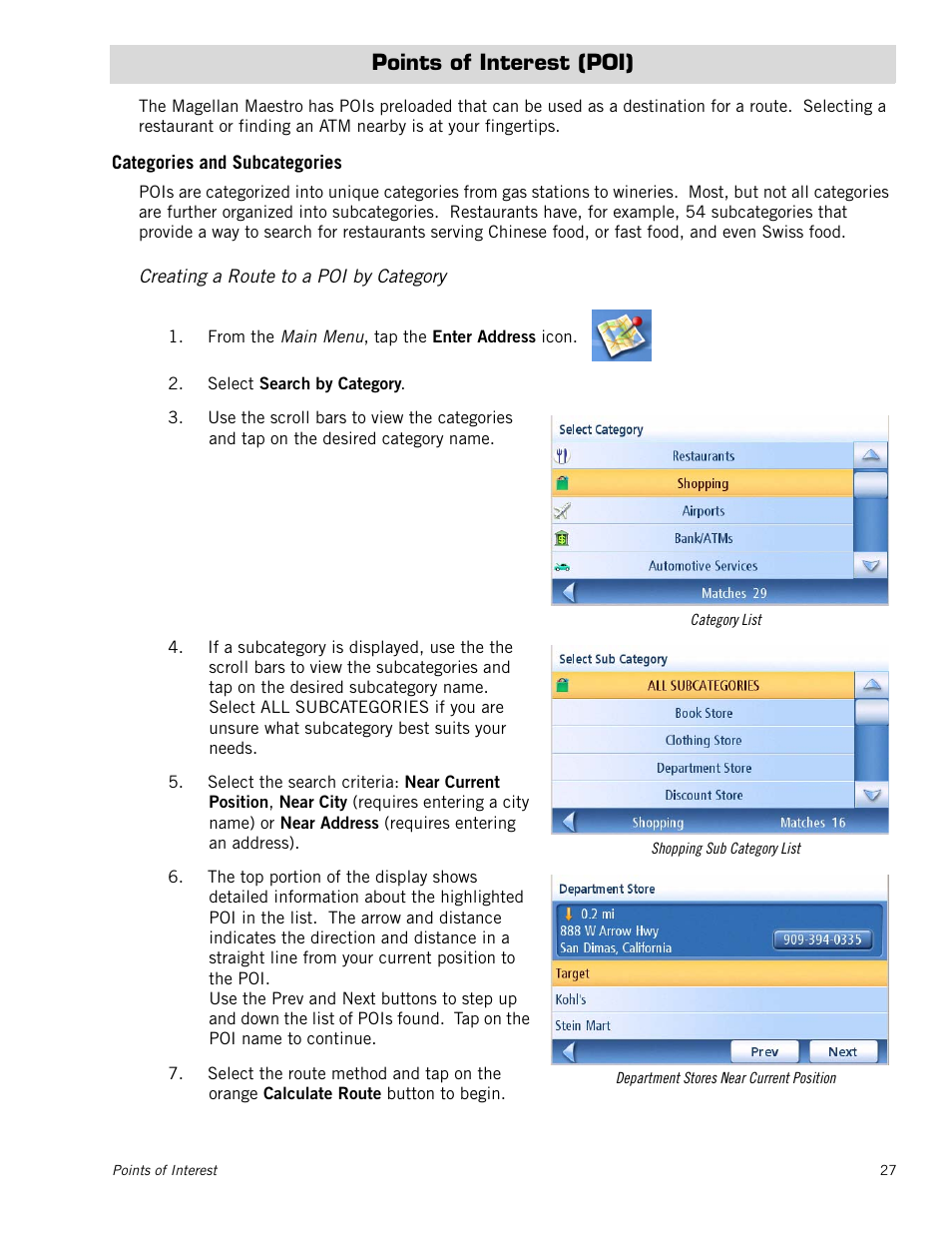 Points of interest (poi), Categories and subcategories, Creating a route to a poi by category | Magellan Maestro 4000 User Manual | Page 37 / 71