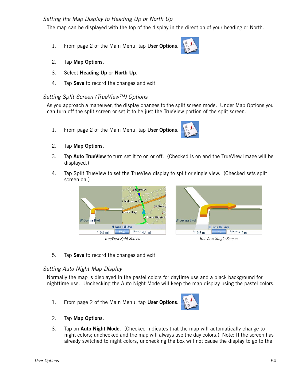 Setting the map display to heading up or north up, Setting split screen (trueview™) options, Setting auto night map display | Magellan Maestro 4000 User Manual | Page 64 / 71