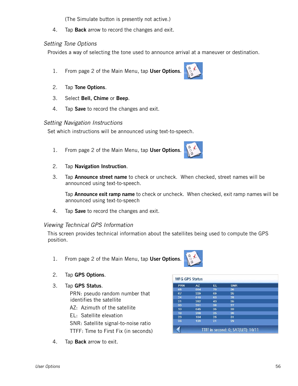 Setting tone options, Setting navigation instructions, Viewing technical gps information | Magellan Maestro 4000 User Manual | Page 66 / 71