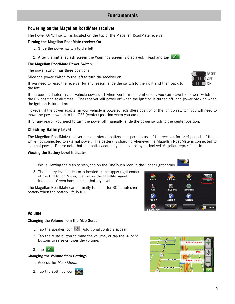 Fundamentals, Powering on the magellan roadmate receiver, Checking battery level | Volume | Magellan RoadMate 1700 User Manual | Page 13 / 40