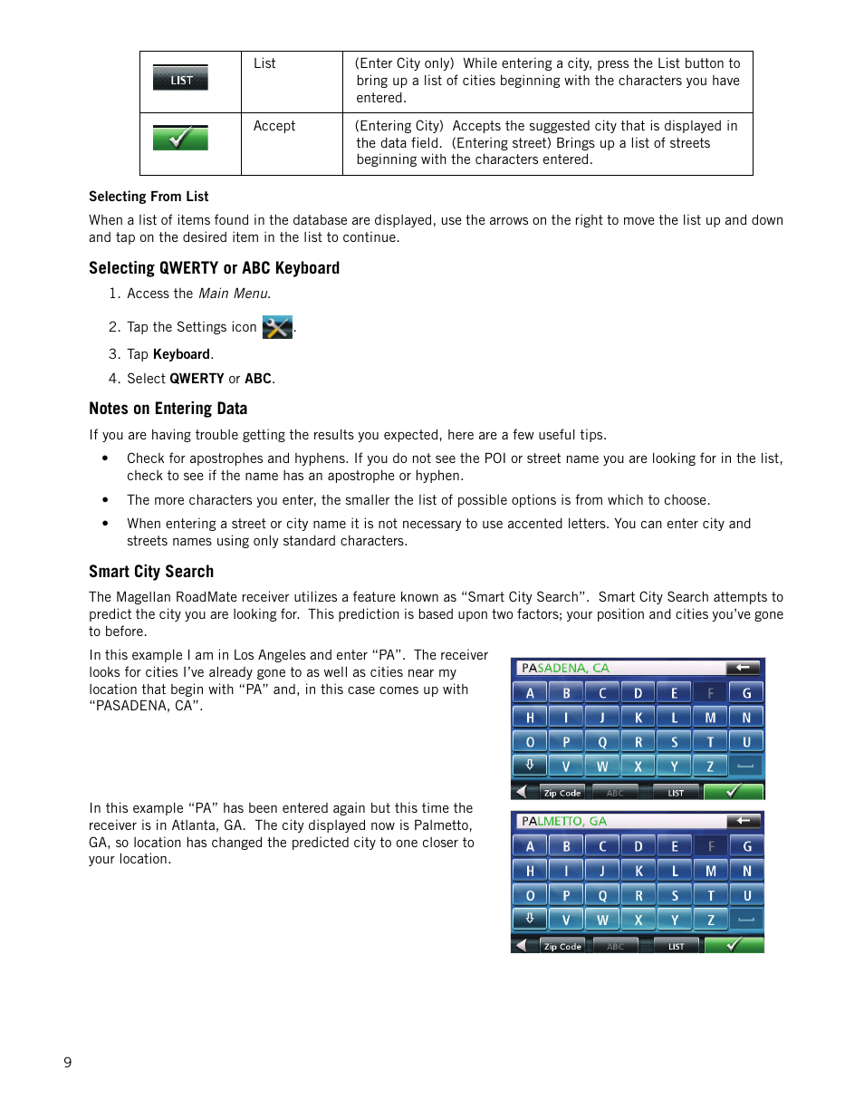 Selecting qwerty or abc keyboard, Notes on entering data, Smart city search | Magellan RoadMate 1700 User Manual | Page 16 / 40