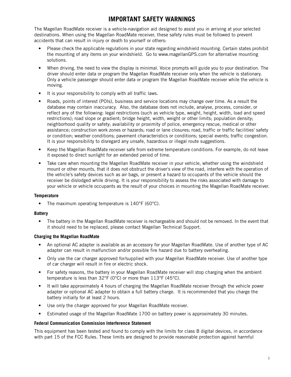 Temperature, Battery, Charging the magellan roadmate | Important safety warnings | Magellan RoadMate 1700 User Manual | Page 2 / 40