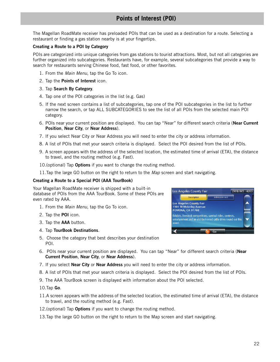 Points of interest (poi), Creating a route to a poi by category, Creating a route to a special poi (aaa tourbook) | Magellan RoadMate 1700 User Manual | Page 29 / 40