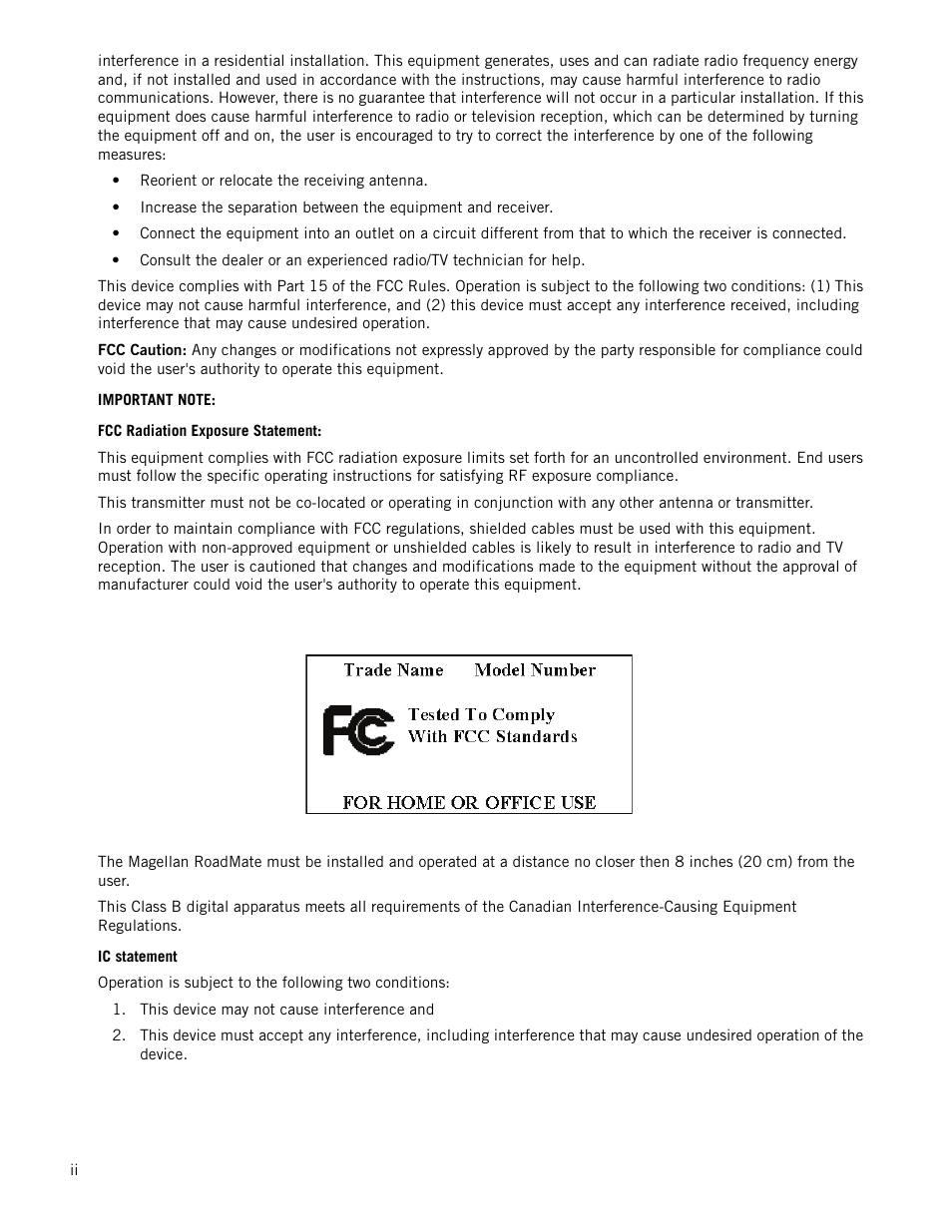 Important note, Fcc radiation exposure statement, Ic statement | Magellan RoadMate 1700 User Manual | Page 3 / 40