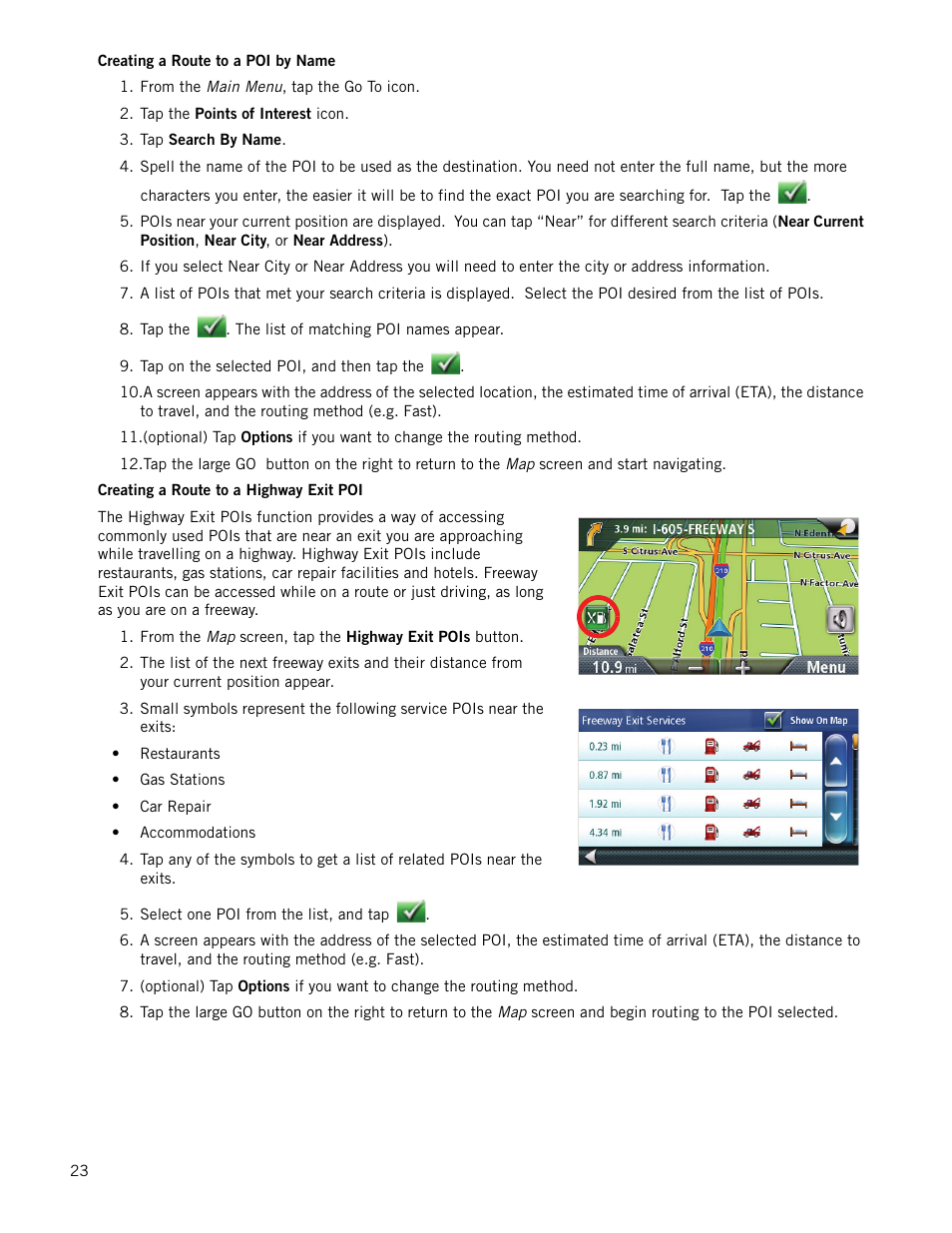 Creating a route to a poi by name, Creating a route to a highway exit poi | Magellan RoadMate 1700 User Manual | Page 30 / 40