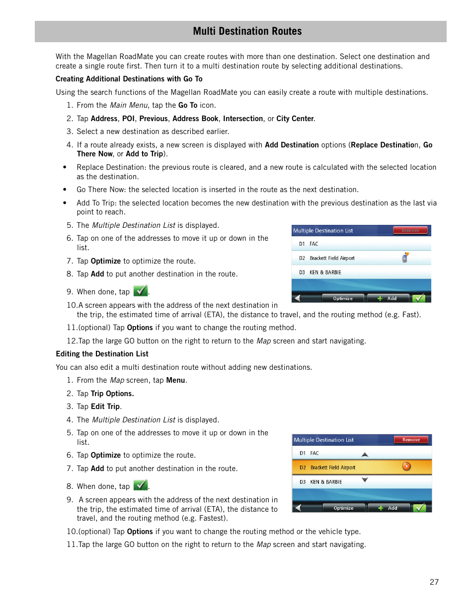 Multi destination routes, Creating additional destinations with go to, Editing the destination list | Magellan RoadMate 1700 User Manual | Page 34 / 40