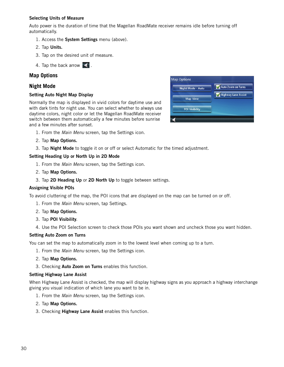 Selecting units of measure, Map options, Night mode | Setting auto night map display, Setting heading up or north up in 2d mode, Assigning visible pois, Setting auto zoom on turns, Setting highway lane assist, Map options night mode | Magellan RoadMate 1700 User Manual | Page 37 / 40