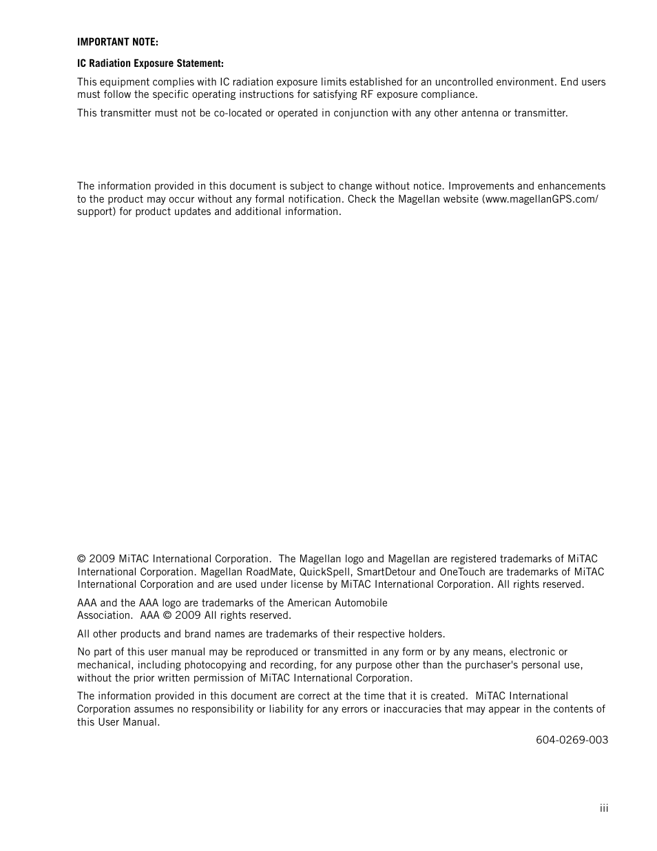 Important note, Ic radiation exposure statement | Magellan RoadMate 1700 User Manual | Page 4 / 40