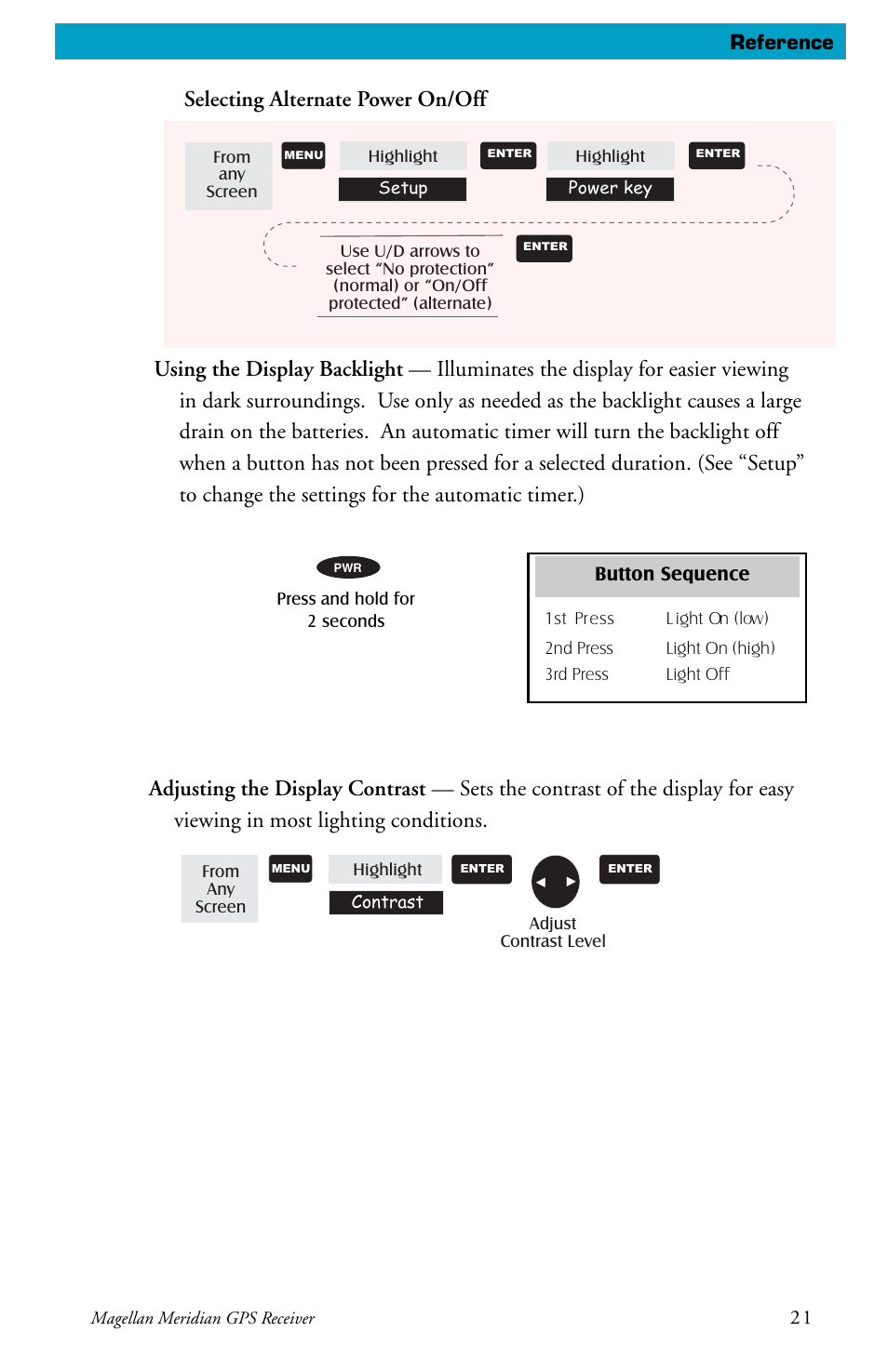 Selecting alternate power on/off | Magellan Meridian User Manual | Page 29 / 102