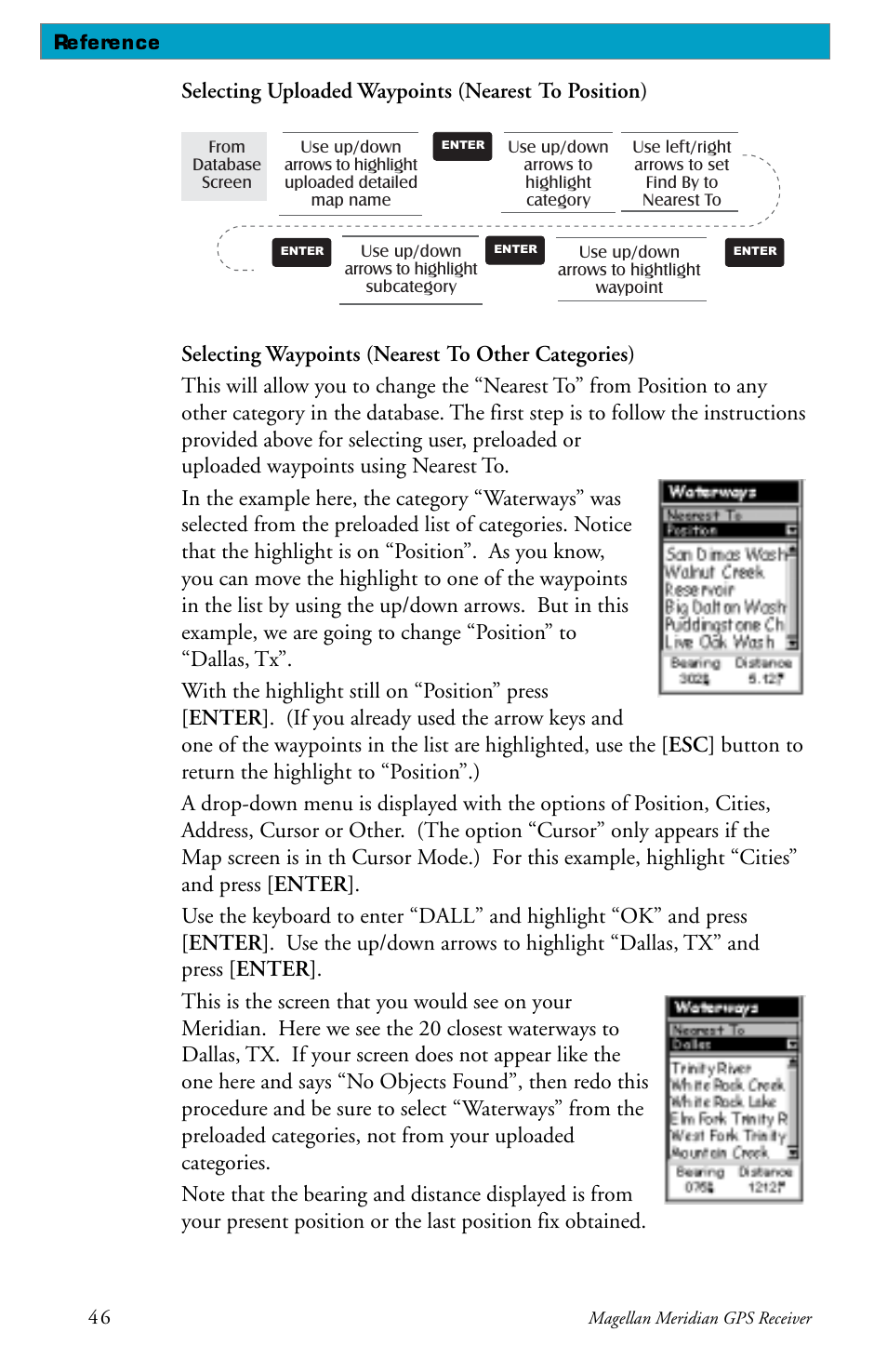 Selecting uploaded waypoints (nearest to position) | Magellan Meridian User Manual | Page 54 / 102