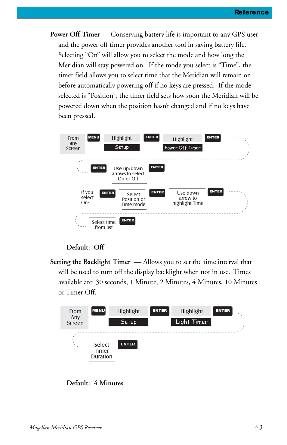 Default: 4 minutes, Reference | Magellan Meridian User Manual | Page 71 / 102