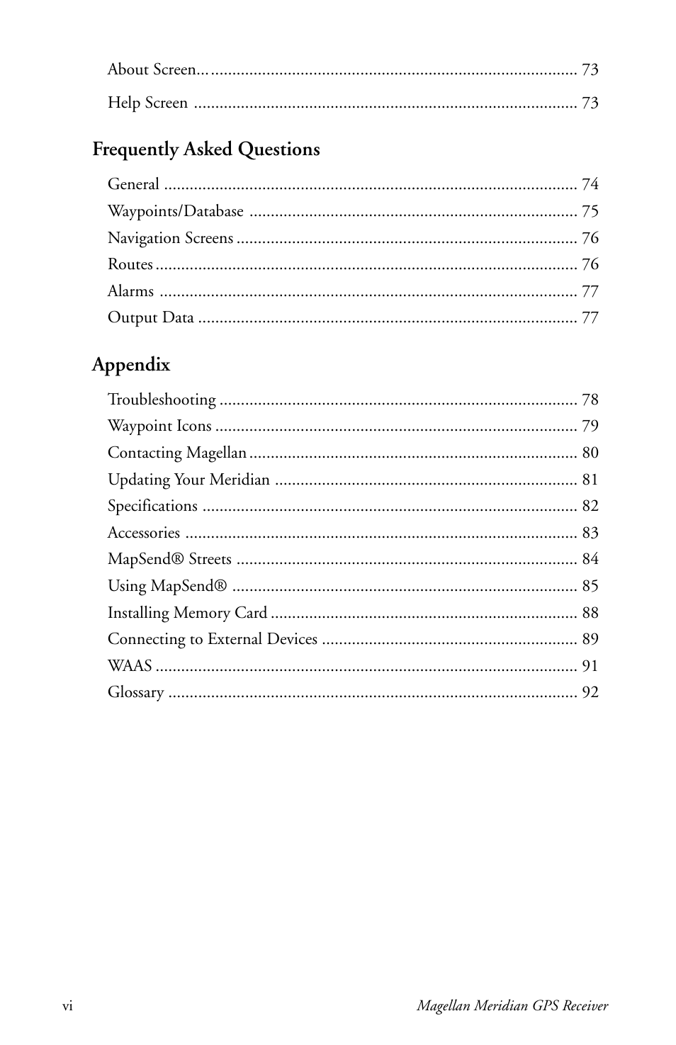 Frequently asked questions, Appendix | Magellan Meridian User Manual | Page 8 / 102