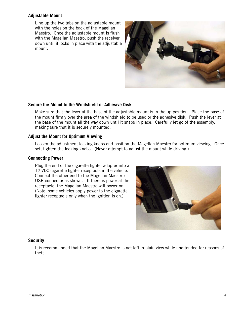 Adjustable mount, Adjust the mount for optimum viewing, Connecting power | Security | Magellan Maestro 3225 User Manual | Page 12 / 60