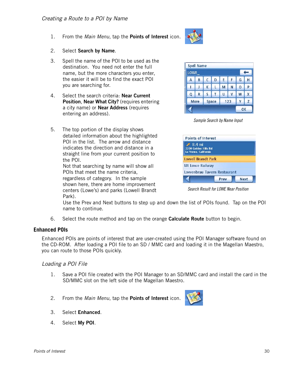 Creating a route to a poi by name, Enhanced pois, Loading a poi file | Magellan Maestro 3225 User Manual | Page 38 / 60