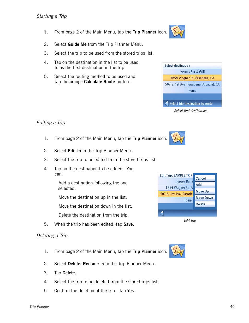 Starting a trip, Editing a trip, Deleting a trip | Magellan Maestro 3225 User Manual | Page 48 / 60