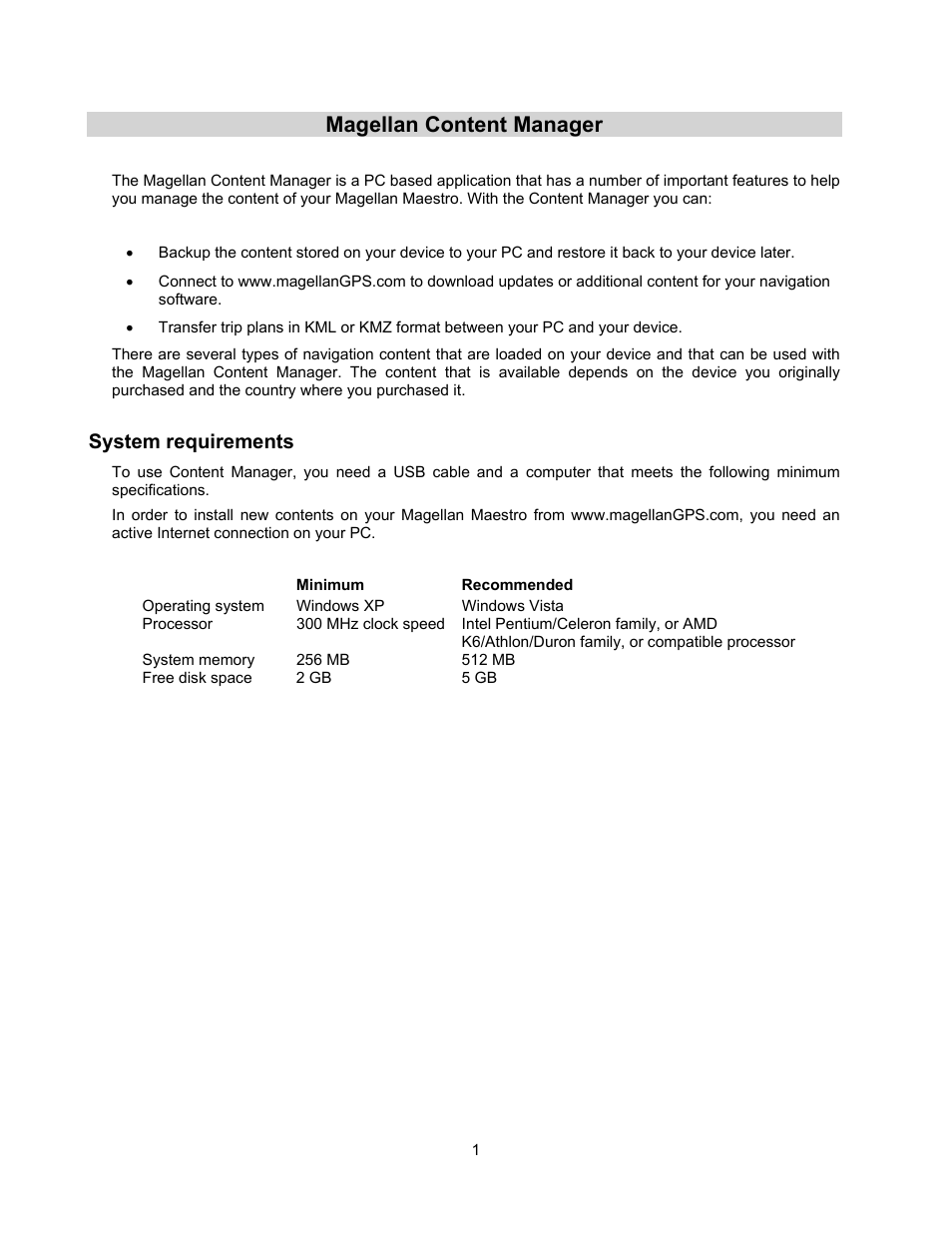 Magellan content manager, System requirements | Magellan MAESTRO 4350 User Manual | Page 3 / 9