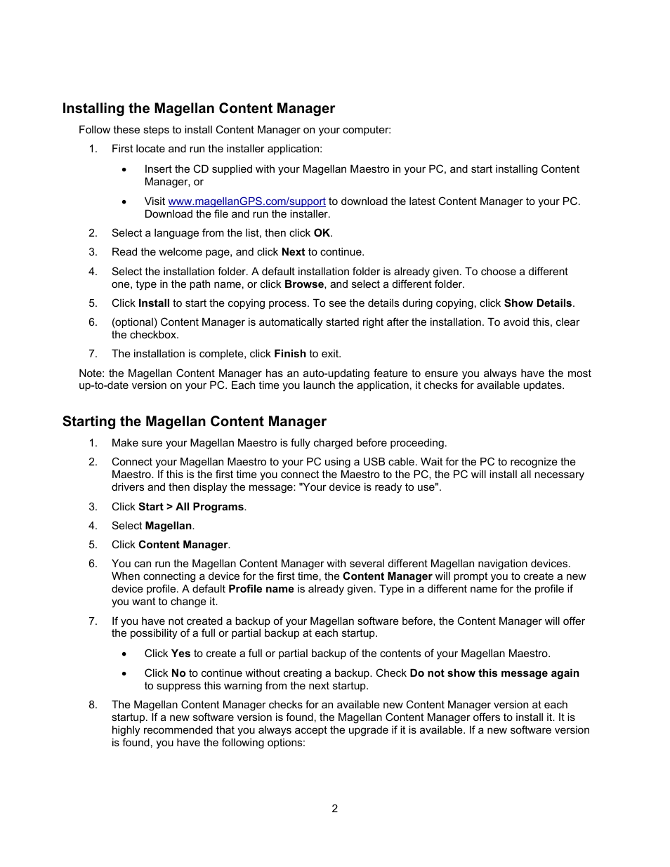 Installing the magellan content manager, Starting the magellan content manager | Magellan MAESTRO 4350 User Manual | Page 4 / 9