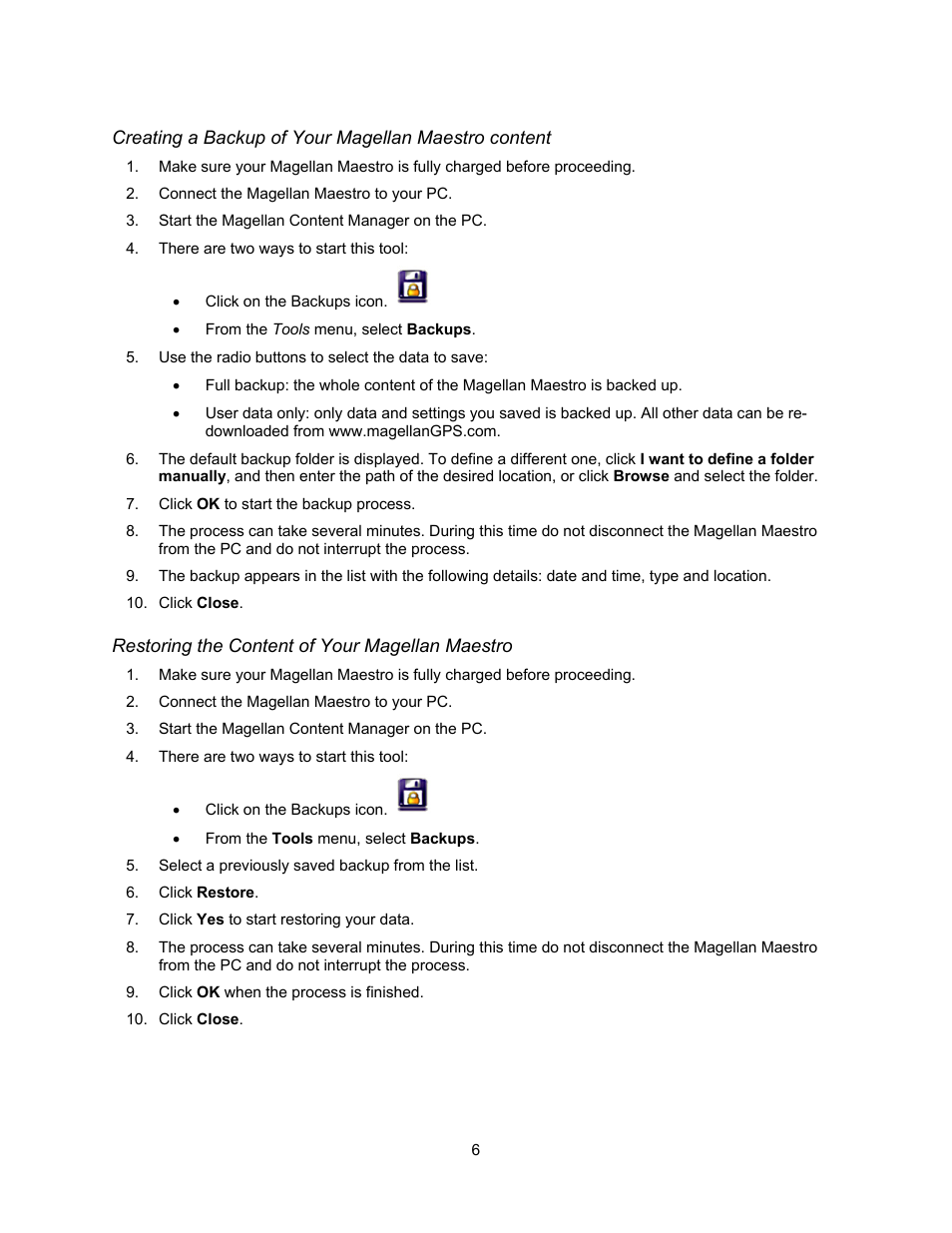 Creating a backup of your magellan maestro content, Restoring the content of your magellan maestro | Magellan MAESTRO 4350 User Manual | Page 8 / 9