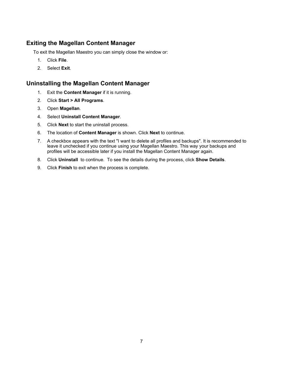 Exiting the magellan content manager, Uninstalling the magellan content manager | Magellan MAESTRO 4350 User Manual | Page 9 / 9