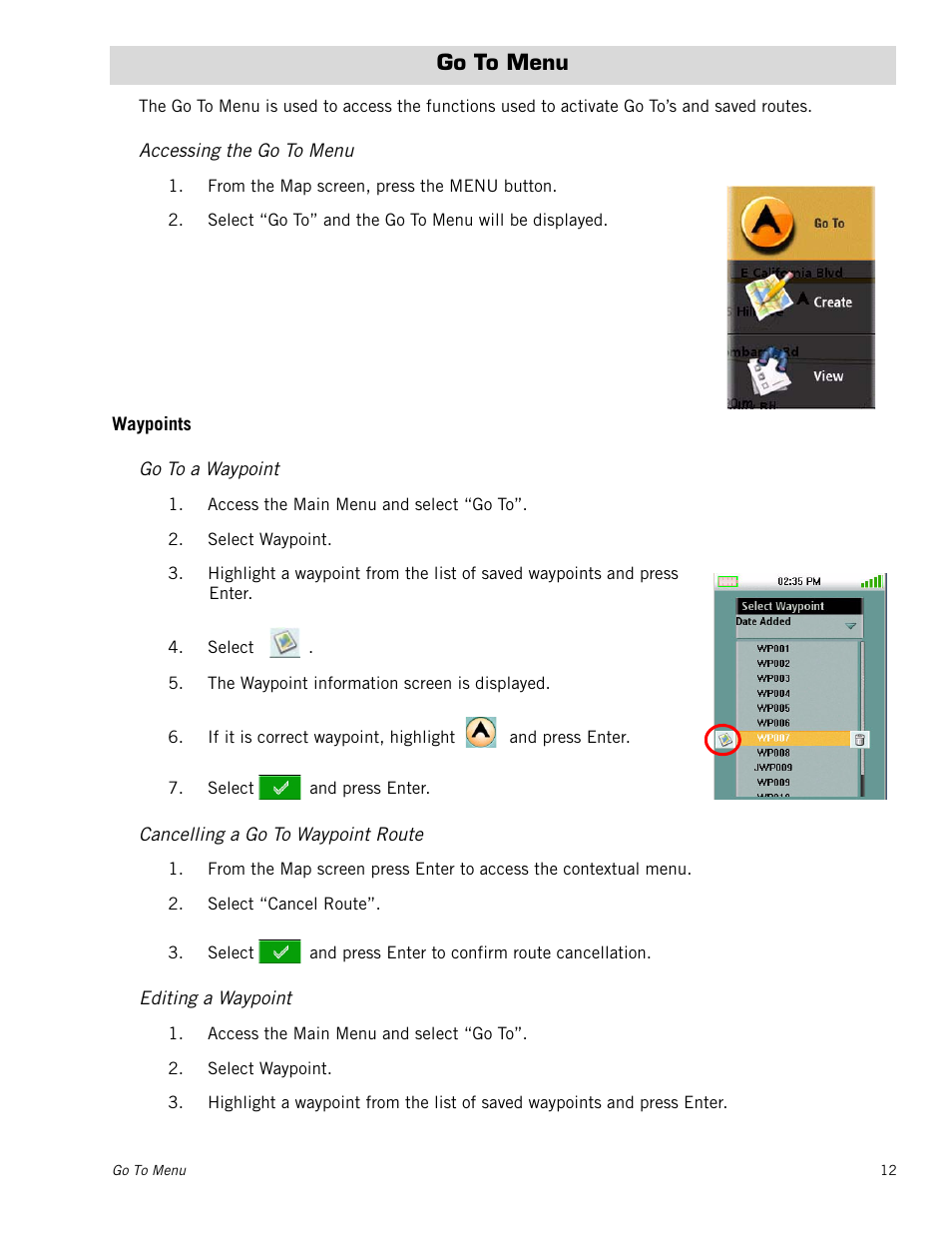 Go to menu, Accessing the go to menu, Waypoints | Go to a waypoint, Cancelling a go to waypoint route, Editing a waypoint | Magellan eXplorist 400 User Manual | Page 19 / 31