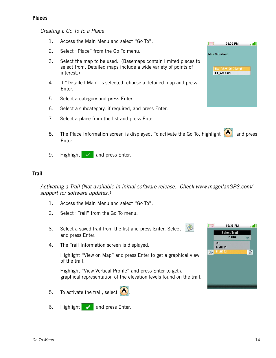 Places, Creating a go to to a place, Trail | Activating a trail | Magellan eXplorist 400 User Manual | Page 21 / 31