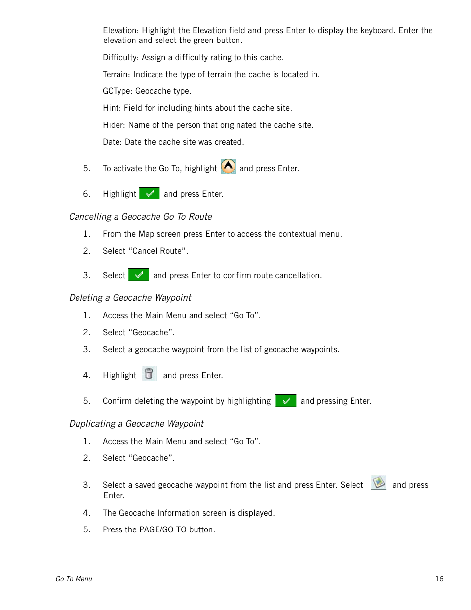 Cancelling a geocache go to route, Deleting a geocache waypoint, Duplicating a geocache waypoint | Magellan eXplorist 400 User Manual | Page 23 / 31