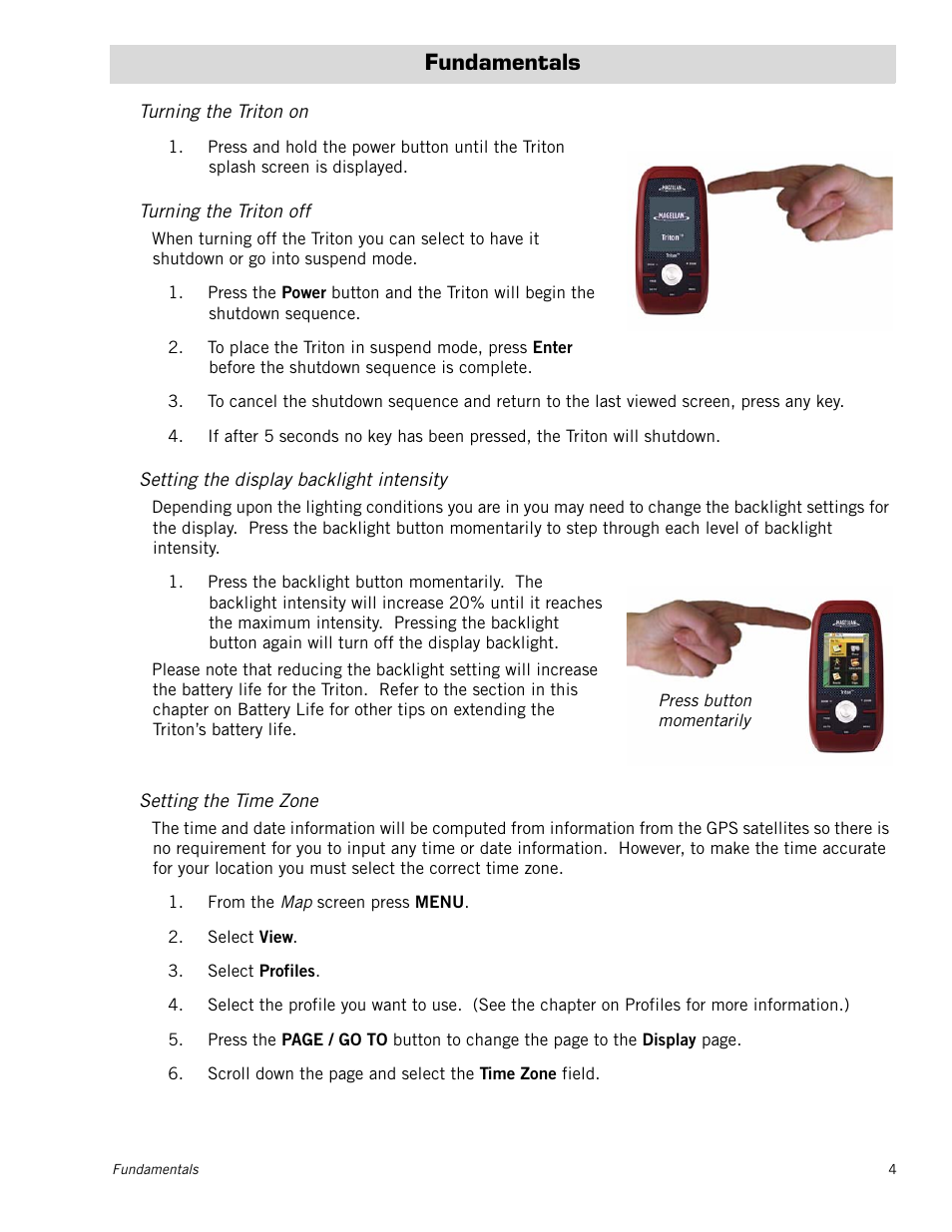 Fundamentals, Turning the triton on, Turning the triton off | Setting the display backlight intensity, Setting the time zone | Magellan Triton 500 User Manual | Page 12 / 61