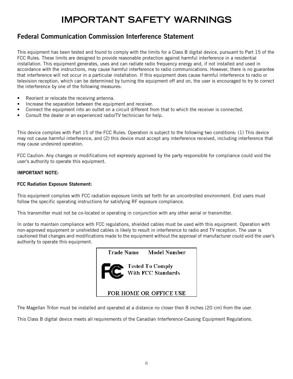 Important safety warnings | Magellan Triton 500 User Manual | Page 3 / 61