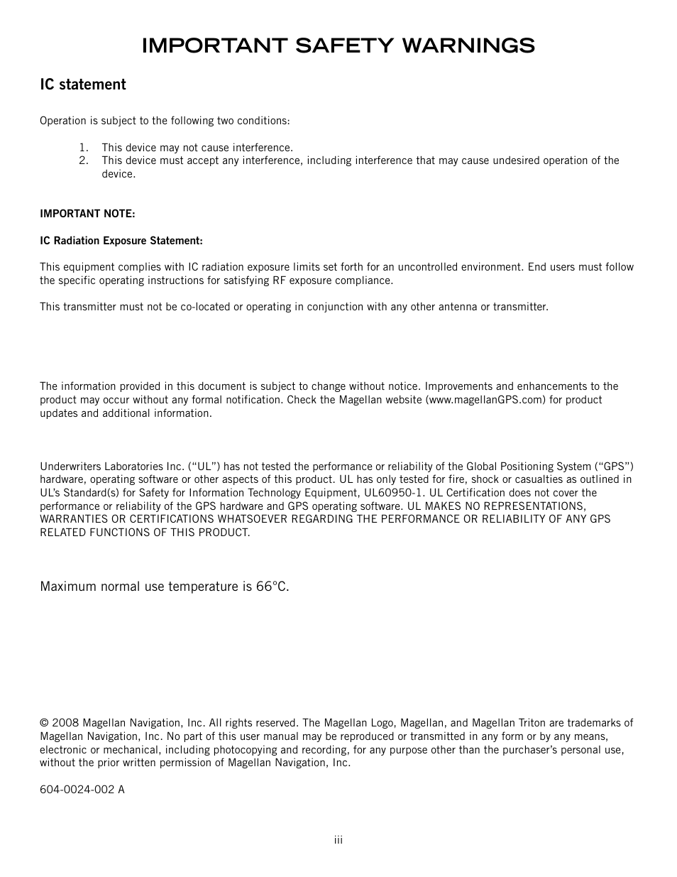 Important safety warnings, Ic statement | Magellan Triton 500 User Manual | Page 4 / 61