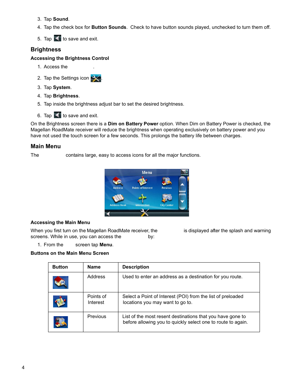 Tap sound, Tap to save and exit, Access the main menu | Tap the settings icon, Tap system, Tap brightness, From the map screen tap menu, Brightness main menu | Magellan RoadMate 2035 User Manual | Page 12 / 41