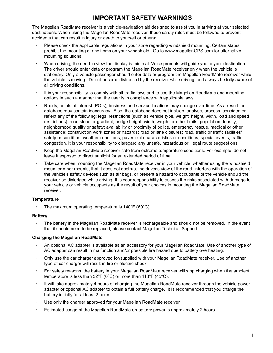 Important safety warnings | Magellan RoadMate 2035 User Manual | Page 2 / 41