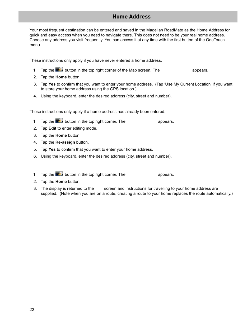 Home address, Tap the home button, Tap edit to enter editing mode | Tap the re-assign button, Saving the home address, Changing the home address, Creating a route to the home address | Magellan RoadMate 2035 User Manual | Page 30 / 41
