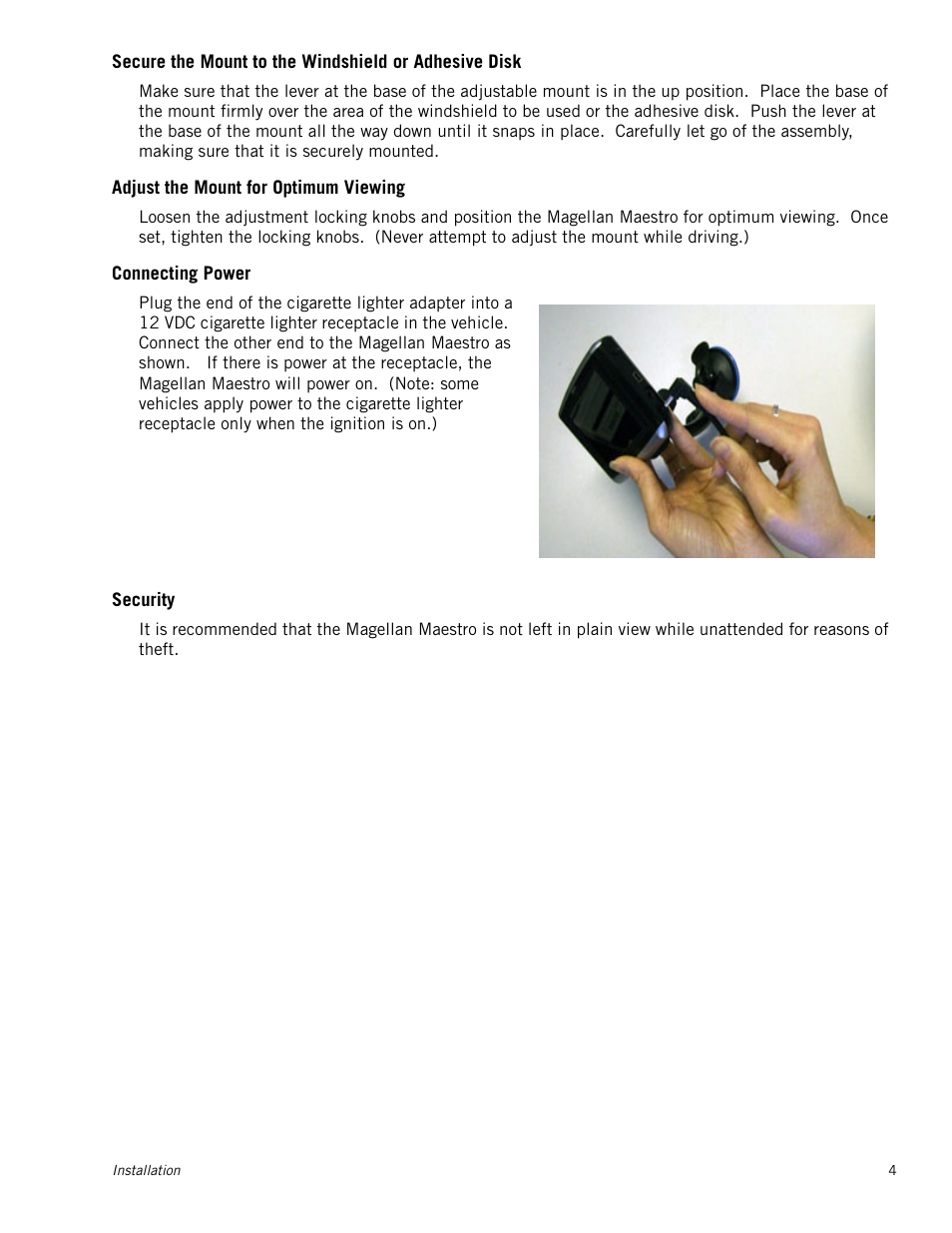Adjust the mount for optimum viewing, Connecting power, Security | Magellan MAESTRO 3100 User Manual | Page 12 / 55