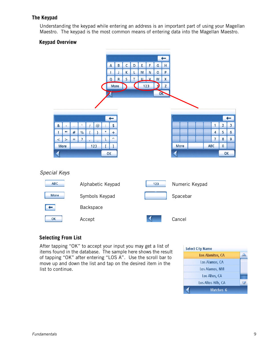 The keypad, Keypad overview, Special keys | Selecting from list | Magellan MAESTRO 3100 User Manual | Page 17 / 55